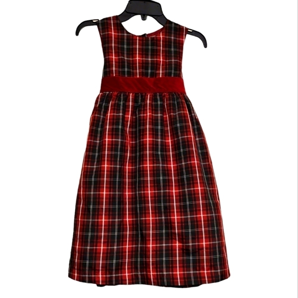 Gymboree Plaid 100% polyester Girls Dress w/Velvet Waist Sash, Tie. Red Size 7